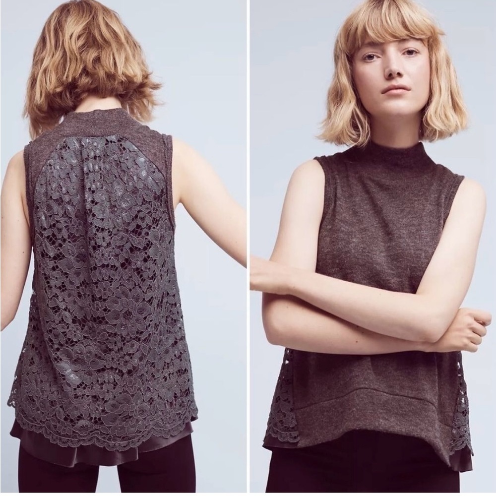 Anthropologie Moth Ella Turtleneck Tank Lace Back Knit Top Grey Size Medium